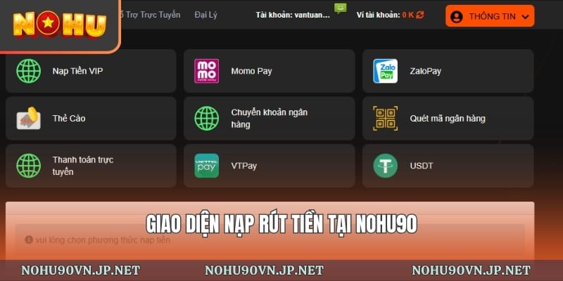 giao diện nạp rút tiền tại Nohu90